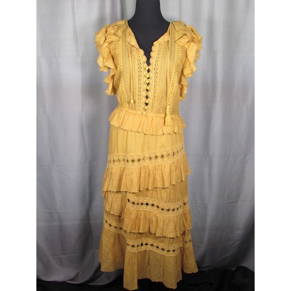 Sea New York Rosalie Mustard Yellow Eyelet Lace Ruffle Tiered Midi Dress Size 4